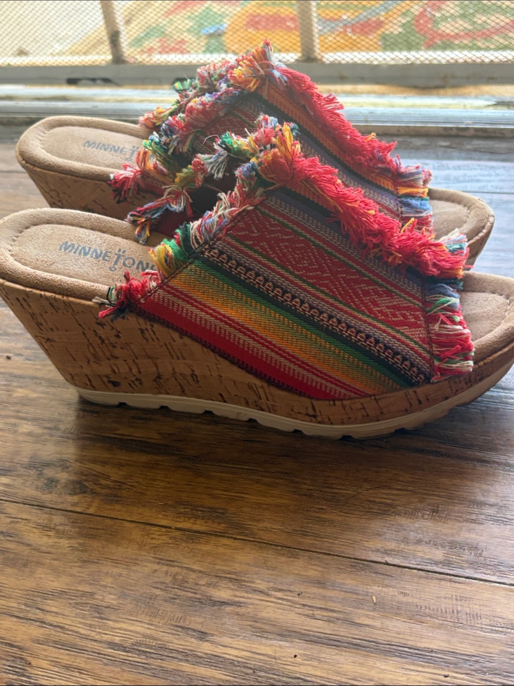 Minnetonka Multicolor Fringed Cork Wedge Slides